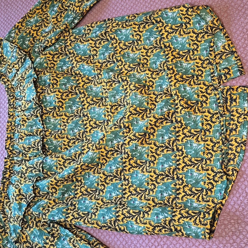 J.Crew‎ Off Shoulder Ratti Top Elephant Print 8 Button Front Ruffle 3/4 Sleeve - Picture 7 of 10